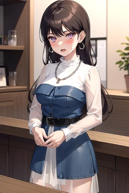 <lora:NotNiki-07:0.7 >, takimygo, 1girl, solo, long hair, looking at viewer, blush, open mouth, brown hair, shirt, long sleeves, holding, jewelry, purple eyes, white shirt, upper body, earrings, necklace, mole, see-through, mole under eye, blue dress, chain, piercing