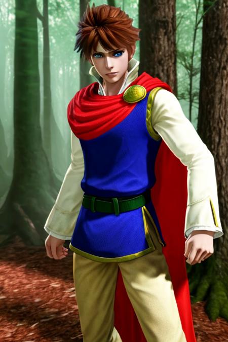 masterpiece, best quality, bartz klauser, brown hair, short hair, blue eyes, blue shirt, red cape, green belt, solo,  forest, <lora:Bartz:0.8>