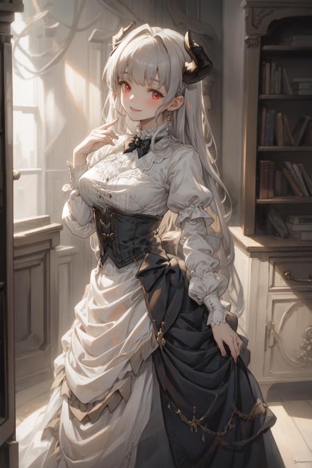 masterpiece, best quality,  <lora:alicia:1>, aliciamother, horns, red eyes, establish, dhevictorian, <lora:ElegantVic-000021:1>, victorian dress, corset, shirt, embroidery, smile, full body,