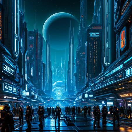 score_9, score_8_up, score_7_up, Sci-fi metropolis, busy streets, alien world, multiple moons, concept art, retro-futuristic, cyberpunk, detailed, masterpiece