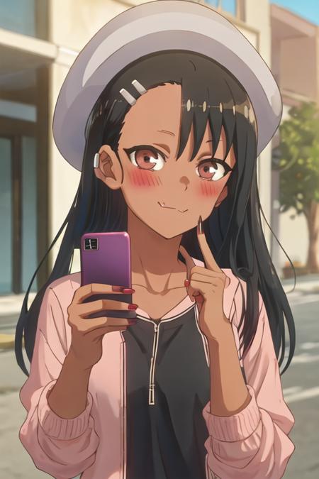 best quality, masterpiece, highres, solo, {nagatoro_hayase_donttoywithmemissnagatoro:1.15}, black_hair, long_hair, dark-skinned_female, dark_skin, brown_eyes, hairclip, hair_ornament, blush, bangs, smile, 1girl, holding, holding_phone, nail_polish, phone, skin_fang, cellphone, fang, portrait, red_nails, smartphone, looking_at_viewer, shirt, fingernails