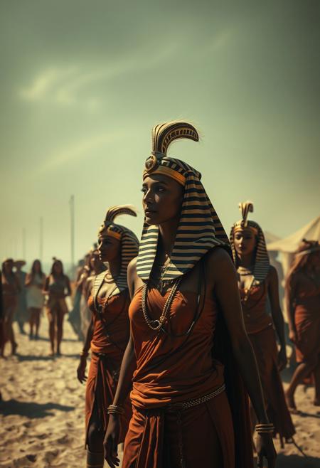 Moody style, unusual original fine art photograph. Ancient Egyptian art style depicting pharaoh's concubines in a parade.  Handsome Beach Party setting, cinematic lighting, windy atmosphere, oil painting style reminiscent of Sienkiewicz and Amaringo. Soft contrast, soft saturation, low contrast.