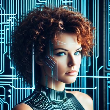 a curly-haired woman with a face of glowing black laser computer circuit lines, similar to pamela hensley
(Professional photography, tilt-shift lens,  high resolution:0.9)