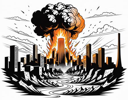 line art drawing Tattoo artwork the end of the world, burning destroyed city after nuclear blast . professional, sleek, modern, minimalist, graphic, line art, vector graphics
