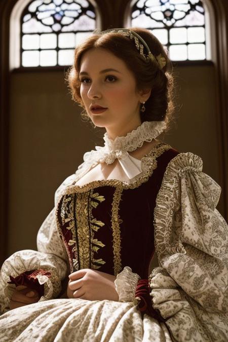 EasyNegativeV2: Vintage film's still, featuring a nobleman adorned in lavish Elizabethan garments, posing against the backdrop of a stately Tudor manor, the warm afternoon sunlight streaming through leaded glass windows, casting long shadows across the intricate embroidery and rich fabrics of his attire.