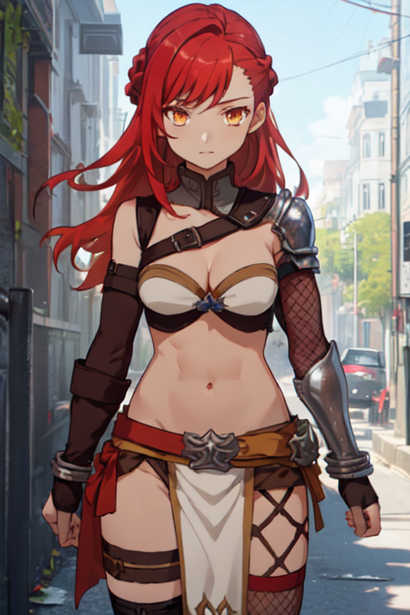 Vennessa, 1girl, solo, long hair, red hair, fishnet thighhighs, navel, midriff, cleavage, medium breasts, orange eyes, braid, belt, elbow gloves, chain, shoulder armor, , single thighhigh, asymmetrical legwear, cuffs, shackles, pelvic curtain, loincloth, single pauldron, 