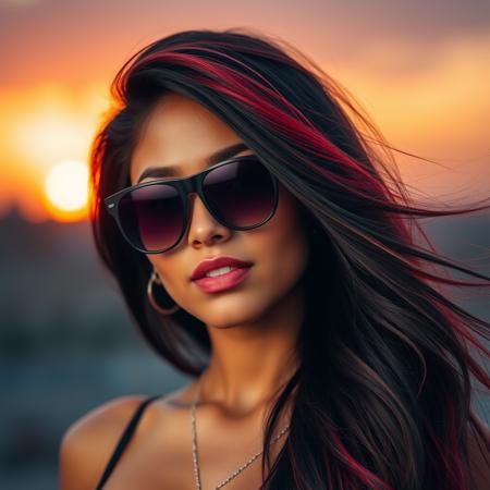 woman portrait,20yo, mulatto latino appearance, sport sunglasses, black and red long hair style, background blurred, sunset in the background, sunny day