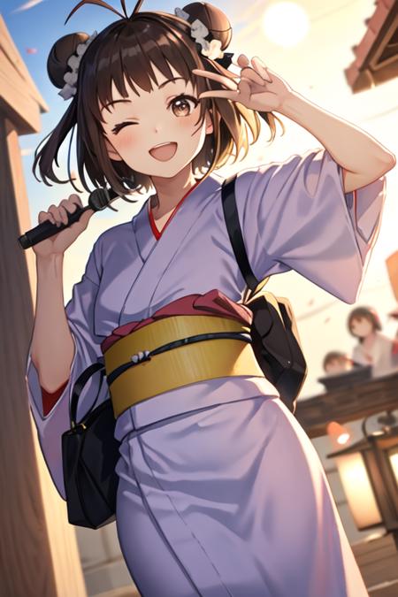 best quality, masterpiece, highres, solo, {yukata:1.40}, {kimono:1.20}, {naka_kantaicollection:1.15}, double_bun, hair_bun, brown_hair, short_hair, antenna_hair, brown_eyes, smile, serafuku, open_mouth, one_eye_closed