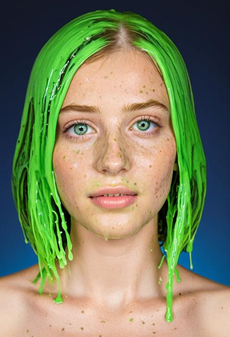 GreenSlime, covered in green slime, dark green slime, professional photo, dark blue gradient background with yellow accent stars, blushing, beautiful blue eyes, (((close up on her face))), cute face, short blonde hair, freckles, pale skin