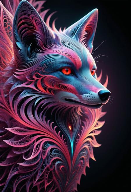 A bo-romance digital drawing reimagined in a whimsical, artistic Fractangles style. The close-up of a fox’s head and upper body is transformed with geometric fur patterns in shades of gray and black, each strand glowing with neon red fractal accents. Its striking, vivid red eyes are now intricate, kaleidoscopic fractals, radiating a mystical, otherworldly energy.
The background shifts from soft pastel pink to a dynamic fractal gradient, blending neon pinks, purples, and blacks, with floating geometric shapes and swirling fractal designs. To the right, a large, 3D geometric heart glows with a delicate, flowing texture, its surface alive with shifting fractal patterns.
In the foreground, a single pink flower is reimagined as a crystalline, fractal bloom, its petals glowing softly. The color palette balances muted tones with vibrant neon highlights, creating a dreamy yet surreal atmosphere. The texture is smooth and polished, with intricate shading and fractal detailing that adds depth and realism, blending romance with the infinite beauty of fractal geometry.