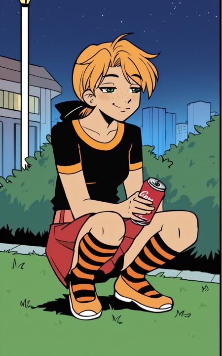 score_9, score_8_up, score_7_up,((best quality)), absurdres, full body, <lora:BolivanteStyle:0.8>,  <lora:SLBPXL:0.8>,SLBPXL,  orange footwear, striped socks, socks, belt, skirt, red skirt, black bow, bow, hair bow, ponytail, short hair, orange hair, black shirt, shirt, 1girl, solo, smile, blonde hair, green eyes, striped,kneehighs,freckles, squatting, park , night, holding soda can, city, grass , lamp, bored,half-closed eyes,