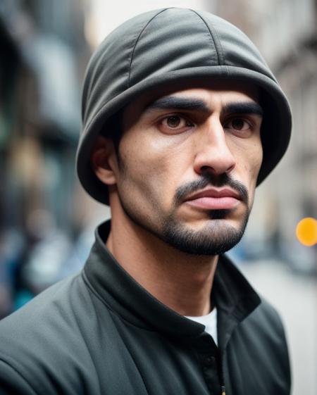 raw photo of, male, 27 years old, male, yellow skin, frontal view, upper body part, shoulders, brown skin, short hair, fine nose, hair, clear eyes, threatening look, magnified, asymmetric face, bad clothing, bandit, criminal, dark street background, sub-urban, beggar, Sub-surface Dispersion, Photorealistic, Hyperrealistic, Hidden, analog style, Detailed picture, Foam picture, Soft lighting, Sub-surface Dispersion, realistic, heavy shadow, masterpiece, best quality, ultra realistic, 8k, arrow proportion, Intrigued, high detail, film photography, soft focus