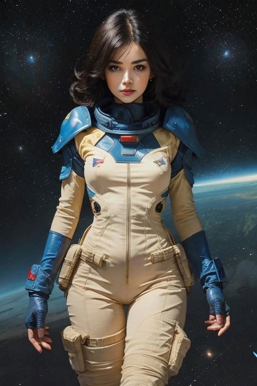 Space Adventure Art: A Female Astronaut in Yellow and Blue Jumpsuit.