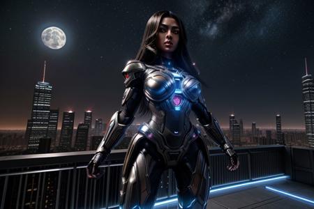 intricately detailed photograph of a gorgeous ((futuristic)) super-soldier of ambiguous ethnicity named Ava, detailed realistic eyes, detailed hair, detailed skin, wearing (sleek high-tech:1.1) power armor, appealing, eye-catching, aesthetic, (stunning shiny (advanced) outdoor nighttime future city:1.1), incredible metal buildings, impossibly tall ultramodern skyscrapers, full moon, stars, (amazing background:1.2), (vibrant colors), 8K, UHD, HDR, ultra-hd, cinematic, volumetric, dramatic, epic, realistic, breathtaking, impressive, high quality, best quality, masterpiece, (((anime))), (((cartoon))), (unreal engine 5), (raytracing)