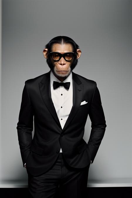 (analog photo) of a chimp wearing a black suit with a white shirt and black tie and wearing black Rayban style sunglasses, masterpiece, Fine art photography, award winning photography