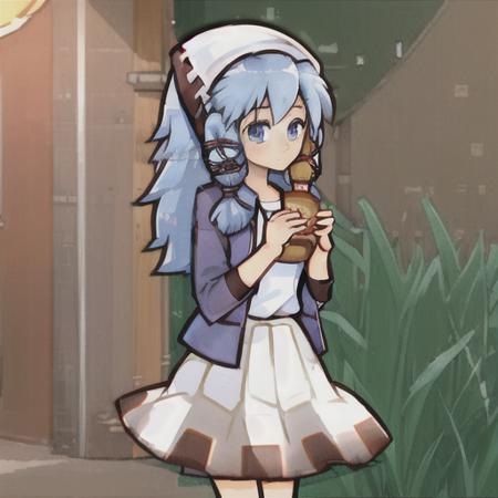 solo, magnolia, human, female, blue eyes, skirt, eating hamburger <lora:pk_magnolia_v2-000012:1>