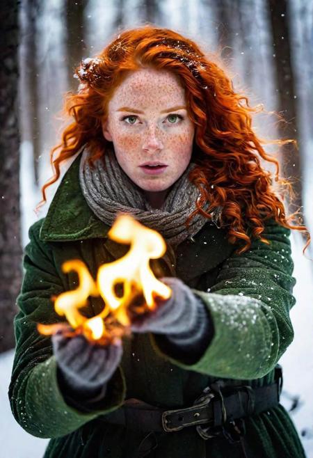 Irish woman in snowy forest, burning hands, breathing fire, glowing eyes, magic fire, fire powers, dramatic light, high contrast shadows, creating fire, 
a woman with pyrokinetic powers, in snow storm,( freckles:1.5), green eyes, ginger hair, big curls, looking at viewer, wearing fire, wrapped in fire, infernal fire melting snow, 
outside medium full shot, dutch angle, twisted view,
cinematic, detailed textures, bokeh, natural lighting, 4k uhd, dslr, soft lighting, high quality, Fujifilm XT3