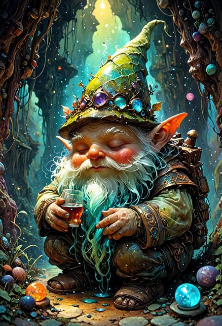lazypos,Art by julie dillon, close-up an extraordinary and cute gnom in a gorgeous beautiful peaceful dream, magic rich colorful, otherworldly background, harmony imagination, alcohol ink paint by marc simonetti, alberto seveso, kim keever, jeremy geddes, gediminas pranckeviciu, igor ozhinga, thomas kinkade, jean baptiste mongue, james christensen, cinematic lighting, highly detailed, sharp focus, perfect balanced style, intricately features, amazing depth, watercolor, aidmamj6.1.