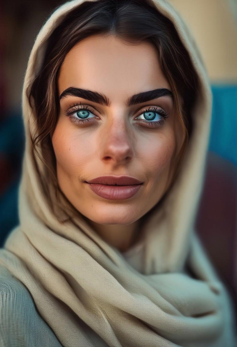 Persian Girl,Portrait Photo a portrait, hyperdetailed photography, by Elizabeth Polunin, blue hijab young woman smiling, brooklyn, looking straight to camera, sweaty, Margot Robbie, nepal, very accurate photo, suspiria