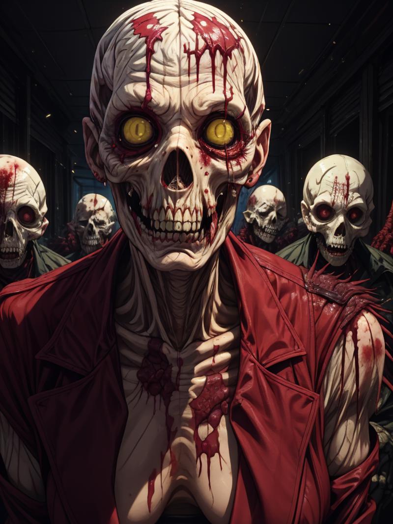 A group of zombies wearing red jackets and one with a red shirt.