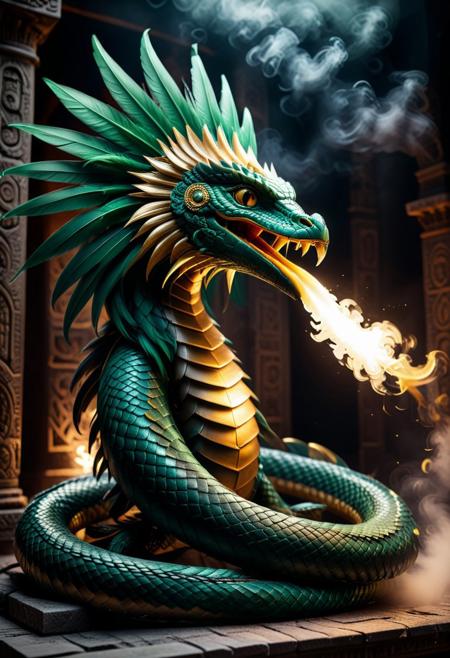 Quetzalcoatl, the ancient feathered serpent, appearing in a smoky Aztec temple illuminated by flickering torchlight, heavy chiaroscuro influence with dramatic shadows and high contrast lighting, monochromatic palette with splashes of gold and emerald on feathers glowing faintly, cinematic framing with low angles and lens distortion to evoke a sense of fear and mystery, foreground blurred with dense smoke for depth, inspired by noir aesthetics combined with mythical storytelling, darkly atmospheric and enigmatic aligned with epic historical dramas
Expressive palette, white balance
 sn4ke