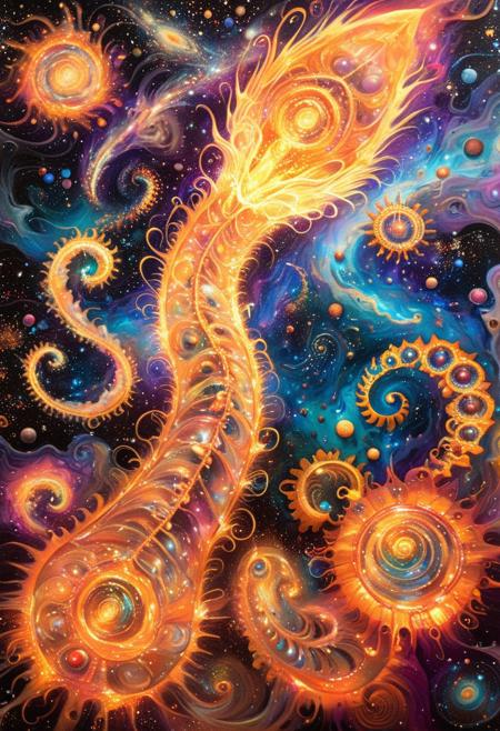 psychadelic, PsychadelicChaos, A colossal, translucent serpent coils through the sky, its body made of shimmering, liquid galaxies, each scale reflecting alternate timelines. Its eyes burn with the light of collapsing stars, and its breath releases ribbons of glowing smoke that form shifting mandalas in the air. Floating temples, built from fractured memories and marble clouds, orbit the serpent like celestial satellites, their spires bending and stretching unpredictably. The ground below is an endless desert of melted clockwork gears and flowing liquid mirrors, distorting the perception of space and time.