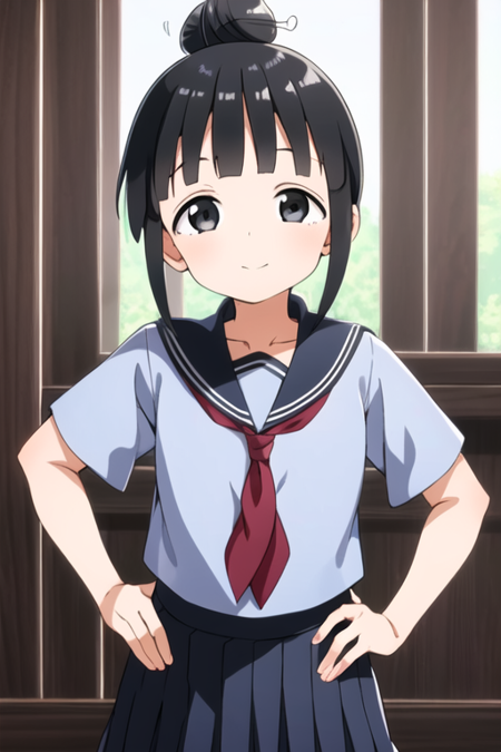 masterpiece, best quality, kunoichimokuren, hair bun, 1girl, solo, black eyes, serafuku, red neckwear,  black skirt, pleated skirt,  looking at viewer, hands on hips, short sleeves,