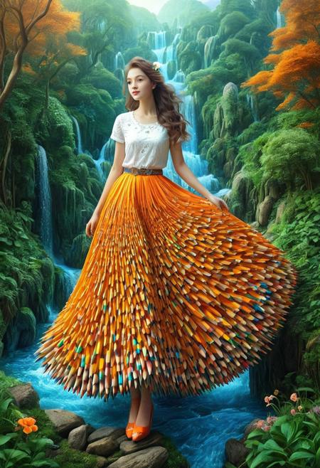 realistic photography of a beautiful Lady her skirt is made of pencil, magical fairytale landscape, elaborate fantasy style art, white and orange theme, intricate details, ultra sharp, exquisite detail, flawless composition, vivid colors, masterpiece, exciting background , four legs,<lora:Pencil_morph_style:1>, shuidi