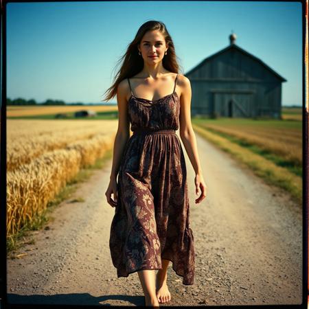Faded Photo, analog film photo style captured with a Hasselblad 501, 120mm film, contact print, thin black film border around photo,  film photography enhanced with retro grain, a beautiful young woman wearing a beautiful summer dress, walking barefoot down a dirt road, large barn in background, fields of wheat on each side of rod, deep blue sky, an old portrait ,posing dynamic, slight smile, analog photo   <lora:Thorabirchv2x2:1> th0r4b . dark, mysterious, haunting, dramatic, ornate, detailed . faded film, desaturated, 120mm film photo, grainy, vignette:0.8, vintage, Kodachrome, Lomography, stained, highly detailed, found footage, analog, old faded photo, old polaroid, color graded portra 400 film, remarkable color, ultra realistic, textured skin, remarkable detailed pupils, realistic dull skin noise, visible skin detail,