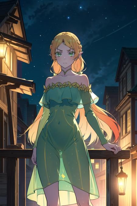 ((best quality)), ((masterpiece)), <lora:idk:0.8>, sui, (suidresst:1.1), eyelashes, colored eyelashes, blonde hair, gradient hair, long hair, low twintails, hair_bow, circlet, long dress, green dress, (see-through:1.1), bare shoulders, long sleeves, cowboy shot, standing, legs apart, looking at viewer, glaring, wooden building, night sky