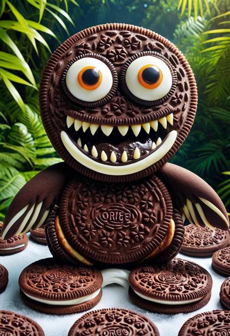 Sweet Delight, ((Creature)) made of creamy cookies, large candy eyes, white sugar sharp teeth, cookie theme, licorice jungle, flying, striking, lively colors, intense colors, picturesque, masterwork, exemplar quality, global illumination, SFW, PG, exquisite detail, digital art, dw01-3400