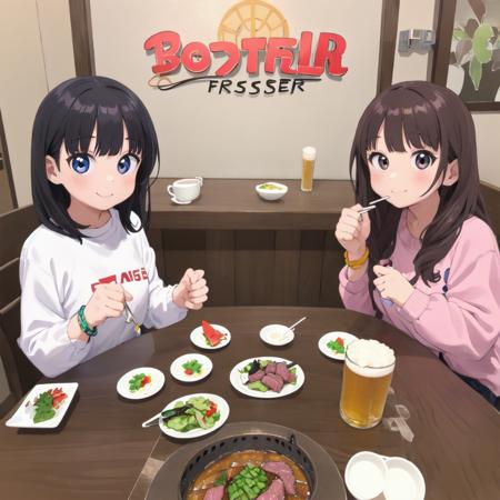 masterpiece, best quality, ultra-detailed, illustration,
(smokeless_roaster:1.4), grill, yakiniku, japan, food, cup, multiple girls, 2girls, jewelry, meat, salad, holding, bracelet, black hair, holding cup, eating, plate, alcohol, bowl, restaurant, drinking glass, shirt, indoors, chopsticks, mug, beer, smile, looking at viewer, rice, table, long hair, blurry, beer mug, sitting
 <lora:smokelessroaster_V21:1>