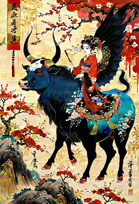 ((masterpiece)),best quality,((illustration)),original,extremely detailed wallpaper,(((beijing opera))),(sketch),((wash painting)),((ink splashing)),((((dyeing)))),((Chinese painting)),((beijing opera))),(sketch),(wash painting),(ink splashing),dyeing,((Chinese painting)),((a mythical ferocious animal)),{{The bull}},{{ long horns}},{{With wings on its back}},(Red and black wings),(solo),mountain,Big and strong,Diabolical,Tyrannical,{{{Ukiyo-e_style}}},{{flat_style}},{simple_colors},{{{masterpiece}}},{katsushika_hokusai},{chinoiserie},{{{best_quality}}},kimono,{{ultra-detailed}},{illustration},{{an_extremely_delicate_and_beautiful}},{Gorgeous and rich graphics},<lora:add-detail-xl:1.5>,<lora:xl_more_art-full_v1:0.3>,