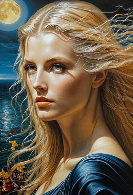 painting, an eye contact of a blond woman with long hair and dark theme, Michael Cheval, 4k