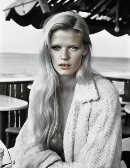 Norway, <lora:LaraStone:1> Lara Stone, a dutch model, 23 year old, posing at a beach bar, decently clothed, professional lighting, year 1968 styling, professionally color graded Kodak Tri-X Black and white film, fashion shoot, tack sharp