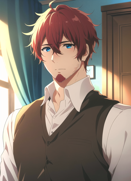 violet evergarden <lora:violet_evergarden_offset:1>, masterpiece, best quality, 1boy, male focus, solo, shirt, facial hair, stubble, upper body, white shirt, hair between eyes, red hair, vest, blue eyes, brown vest, indoors, collared shirt