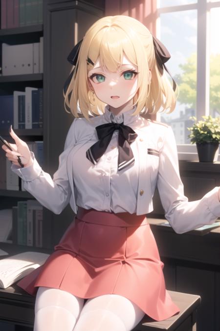 <lora:anisphia_wynn_palettia-15:1> (anisphia_wynn_palettia:1.2), pink skirt, short hair, sitting on a desk, bookshelf, chemistry set, (((masterpiece))),(((best quality))),(((extremely detailed))),illustration, shiny,chromatic aberration abuse,pastel color,