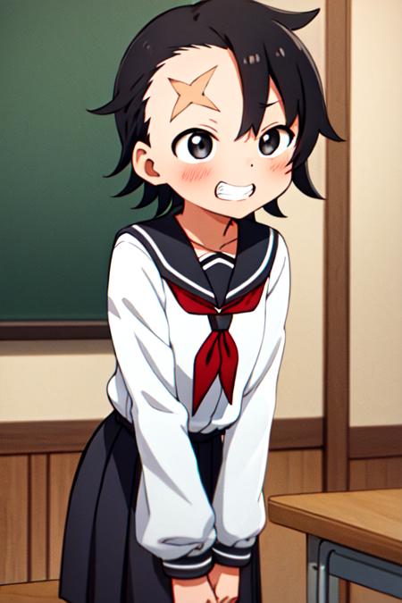 masterpiece, best quality, <lora:kunoichi_itadori:0.7> kunoichi_itadori, 1girl, solo, black eyes, black hair, short hair,  serafuku, long sleeves, sailor collar, red neckerchief, scar on forehead, classroom, grin