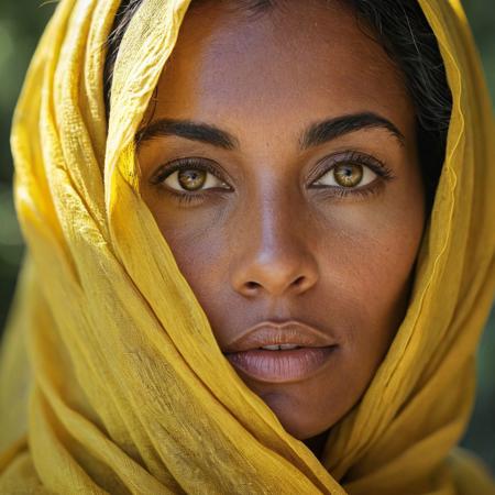 Create a striking realistic close up natural portrait of a (( brazilian)) black  hair 55 years old beautiful woman wrapped in an elegant, Vibrant Yellow translucent fine linen flowing mantle in V shape framing her face. The focus should be on her almond natural eyes, ((with soft sun light and shadows on the face )) capturing their depth and emotion. The style should emulate the rich,natural skin, ((subtle wrinkles))  detailed aesthetic of National Geographic photography. Facing in angle to the Camera, Nikon ds 5300 35 mm lens, Aim for the dramatic  and meticulous composition seen in the work of renowned photographers such as (Steve McCurry, Jimmy Nelson, and Sebastião Salgado). The background should be sky softly blurred to emphasize the subject’s gaze, with natural textures and subtle tones. Natural background
