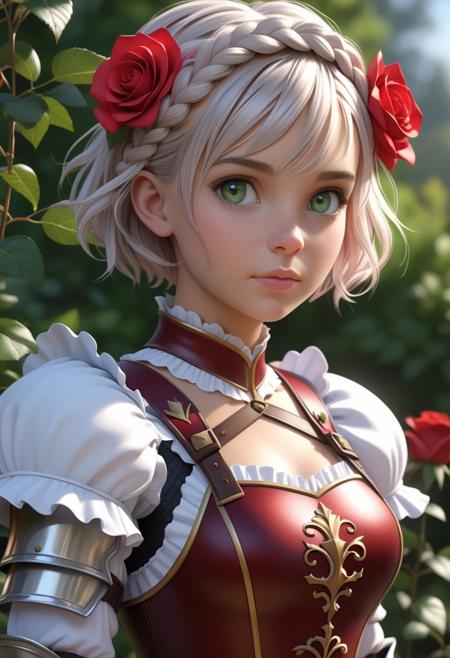 photorealistic, octane render, best quality, 1girl, petite, short girl, noelle gi, short hair, white hair, green eyes, braid, hair flower, red rose, knight armor, fantasy armor, maid skirt, belt, looking at viewer, sharp focus, (8k), (4k), (Masterpiece), (Best Quality), (realistic skin texture), extremely detailed, intricate, hyper detailed, illustration, soft lighting, high resolution, sharp detail, vivid, colorful, outdoors, nature, <lora:noelle by Goofy Ai:1>, <lora:add_detail:0.6>,