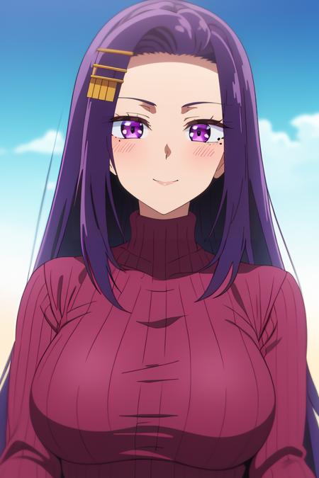  sayuri akino, purple_hair, long_hair, purple_eyes, hair_ornament, blush, hairclip, 1girl, solo, mole_under_eye, 