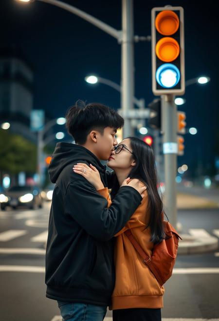 A Taiwanese college student couple couldn't help but hug and kiss each other with their eyes closed while waiting for the traffic light at an intersection at night. The man is 180 cm tall with short black curly hair, and the woman is 150 cm tall with long straight black hair and wears black round-frame glasses.
FHD, Rich in details, masterpiece.