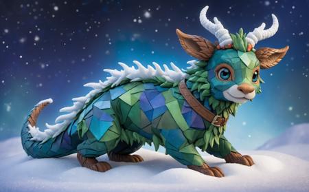 Idyllic, In a twinkling, snow-covered glade, a diminutive and sprightly figure darts among frost-laden trees, its scales shimmering in hues of icy blue and vibrant green, reminiscent of a mythical dragon in miniature. This whimsical being, with pointed ears peeking through its snowflake-speckled fur hat, embodies the mischievous yet heartwarming essence of the holiday season. Its eyes, bright as the North Star, hold centuries of yuletide secrets. Clad in a patchwork coat stitched from the night sky and the northern lights, it carries a satchel brimming with mysterious, handcrafted toys and trinkets, leaving a trail of sparkling magic and soft jingles in the crisp winter air, a herald of festive wonders and joyous enchantments., peaceful, happy, pleasant, happy, harmonious, picturesque, charming