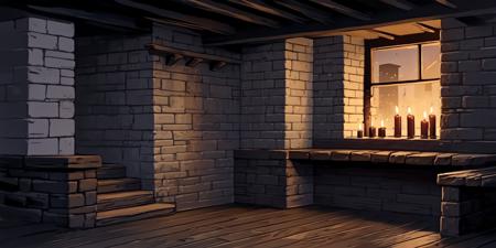 night, night time, dark, indoors, no humans, scenery, wooden floor, candle, fireplace, table, brick wall, indoors, window, stairs