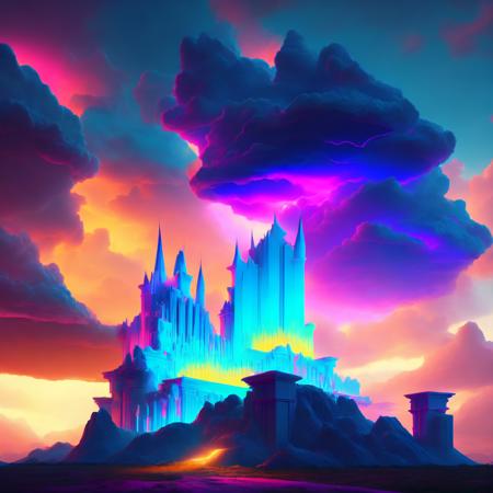 (neoncitadel style:1) Neon Citadel with a storm cloud above it <lora:djzNeonCitadelV21_LoraBooth:1>