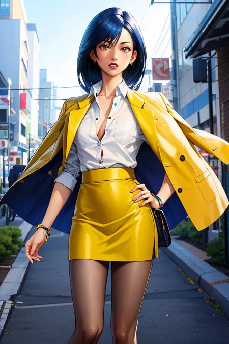 takamipersona, jewelry, earrings, blue hair, yellow skirt, white shirt, long hair, lipstick, pantyhose, jacket on shoulders