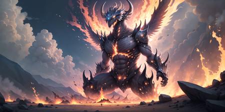 hires,high resolution, intricate, (detailed background), masterpiece, best quality, scenery, <lora:Grand Scale:1>, giant fire elemental, humanoid, burning, in the sky,