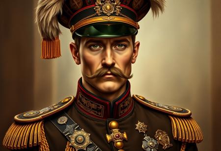 A grand, classical oil painting in the style of Raphael, featuring Infernoble Knight Captain Roland in a richly textured, formal military uniform, showcasing meticulously detailed medals and insignia that speak of timeless honor and rank. He wears a stately, exquisitely plumed hat. His countenance is marked by a refined mustache and an enigmatic epic green visor, his beautiful, detailed eyes meeting the viewer's gaze with a profound, serious expression. The background, though blurred, is rendered with a painterly depth, suggesting an attractive yet understated environment. The overall composition is impeccable, radiating a powerful message and a timeless quality through its balanced editing and intentional focus. This masterpiece is handcrafted with precision, utilizing Houdini Style techniques for complex details and a captivating, almost ethereal lighting. While incorporating the idea of black and white for timelessness, it also embraces rich, harmonious, multi-colored tones typical of Renaissance masters. Presented with high quality, sharp lines, and vivid emotions, embodying a contemporary aesthetic and adhering to the Golden Ratio.