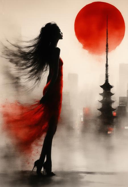 A bold inkplash-meets-watercolor wash artwork, expertly painted on rice paper using rich sepia, burnt henna, and ink-black hues. A Japanese femme fatale, breathtaking and powerful, is silhouetted sharply against a dark, abstract cityscape. Her long, flowing hair dances around her face, her sidelocks framing her piercing, shadowed eyes and bright red lips. She stands confidently in a short, sensual red cocktail dress, accentuating her form under the chaotic, colorful bokeh lights of a busy Tokyo backstreet at night. The lighting is dramatic and intimate, a perfect study in chiaroscuro, mixing shadowy depth with vibrant city light fragments, inspired by Japanese urban noir photography.