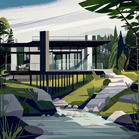 <lora:illustratearchitecture:0.8>,a painting of a house with a walkway beside of a river,Ultra hd! surrealistic, 8k